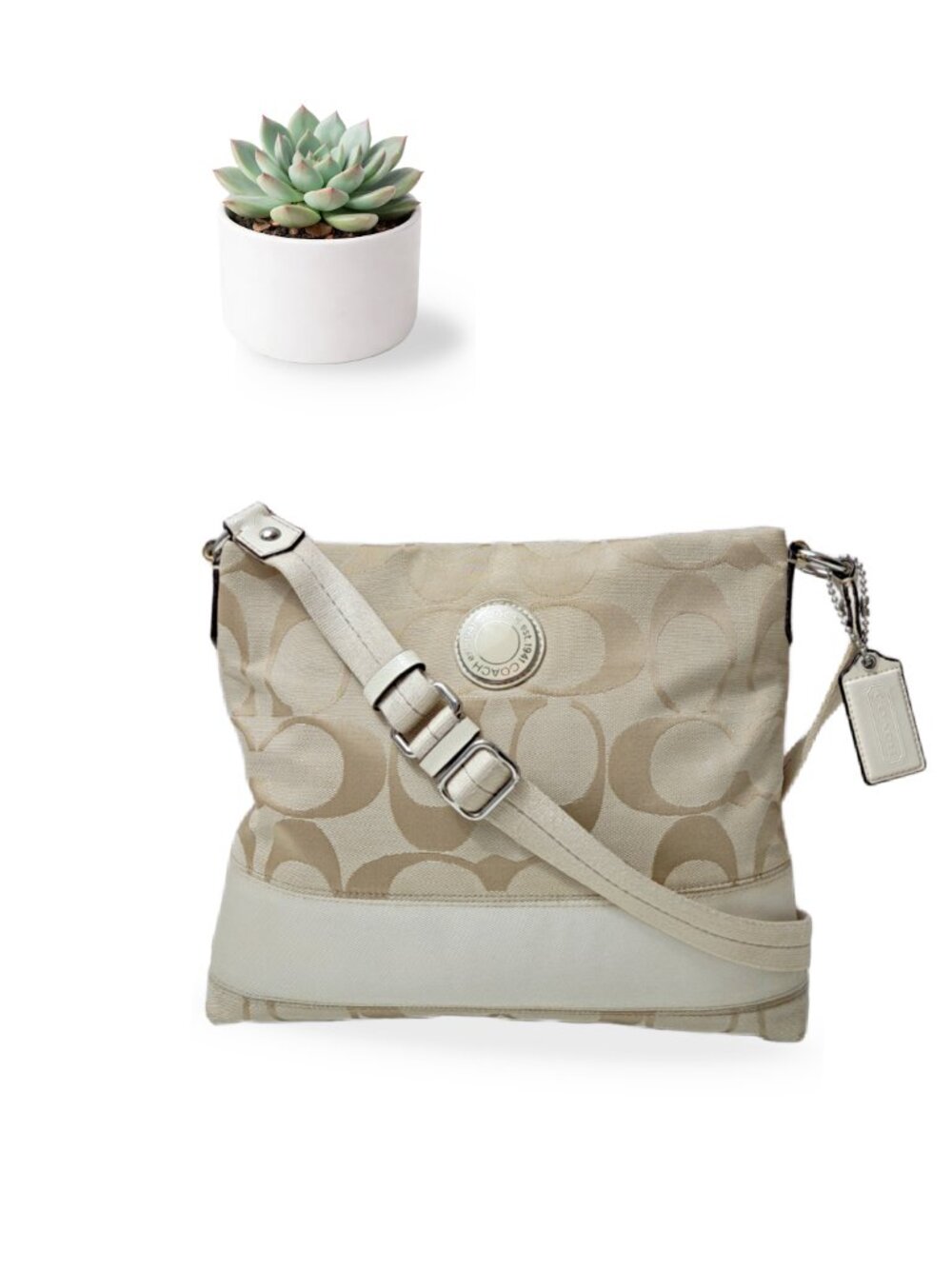 Coach Signature Stripe File Bag Khaki Canvas Crossbody Shoulder Purse F19220